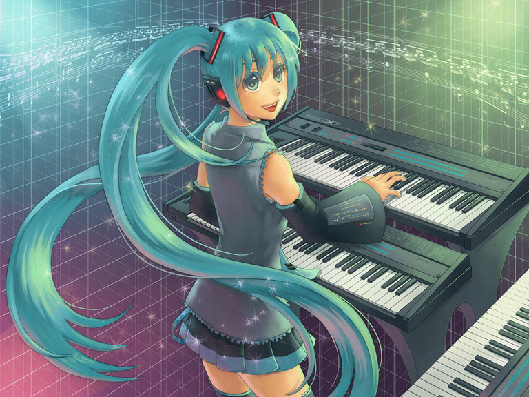 sou (pixiv40902), hatsune miku, vocaloid, 1girl, aqua eyes, aqua hair, detached sleeves, female focus, headphones, instrument, keyboard, keyboard (instrument), light particles, long hair, music, musical staff, playing instrument, skirt, smile, solo, thighhighs, twintails, very long hair, zettai ryouiki