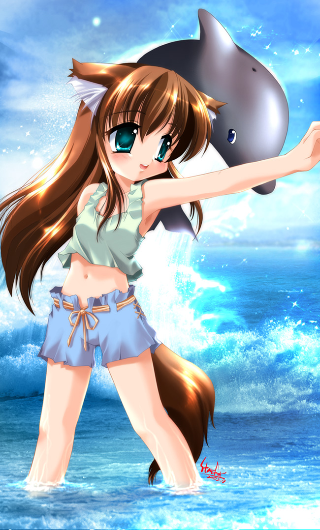 starfox (artist), popury, nymphclub, animal ears, aqua eyes, blush, brown hair, child, crop top, dolphin, laughing, long hair, midriff, ribbon, shorts, solo, tail, waitress, water