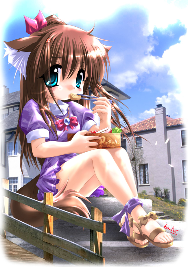 starfox (artist), popury, nymphclub, 1girl, animal ears, aqua eyes, blush, brown hair, child, cloud, day, dress, eating, female focus, long hair, ribbon, sky, solo, tail, waitress