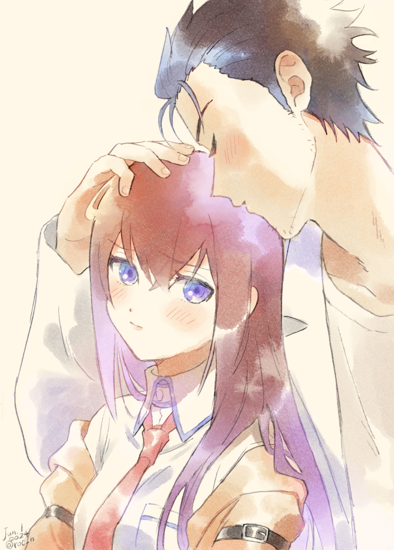 rocni, makise kurisu, okabe rintarou, science adventure, steins;gate, commentary request, revision, 1boy, 1girl, black hair, blush, brown hair, closed eyes, collared shirt, couple, facial hair, hand on another's head, hetero, jacket, lab coat, long hair, necktie, open clothes, open jacket, pout, purple eyes, red necktie, shirt, stubble, upper body