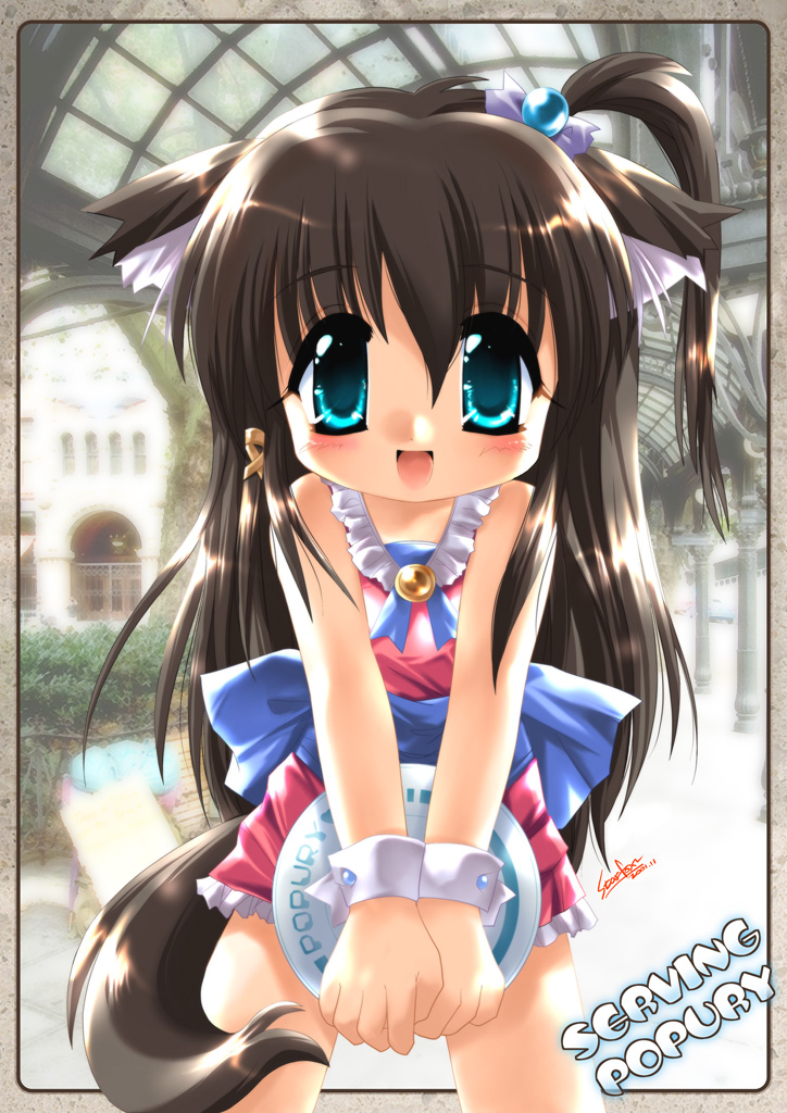 starfox (artist), popury, nymphclub, animal ears, aqua eyes, blush, brown hair, child, laughing, long hair, ribbon, solo, tail, waitress