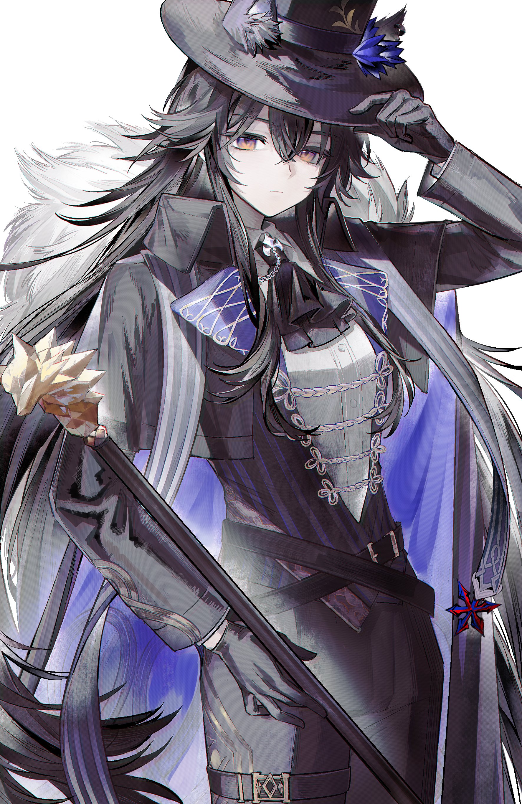 jsjdndhidnshssj, texas (arknights), texas the omertosa (arknights), texas the omertosa (il segreto della notte) (arknights), arknights, absurdres, highres, revision, 1girl, animal ear fluff, animal ears, ascot, black ascot, black gloves, black hair, black hat, black jacket, black pants, black vest, blue cape, cane, cape, cowboy shot, cropped jacket, ears through headwear, frown, fur-trimmed cape, fur trim, gloves, grey shirt, hand up, hat, holding, holding cane, jacket, long hair, looking at viewer, pants, pinstripe pattern, pinstripe vest, shirt, simple background, solo, thigh strap, very long hair, vest, white background, wolf ears, yellow eyes