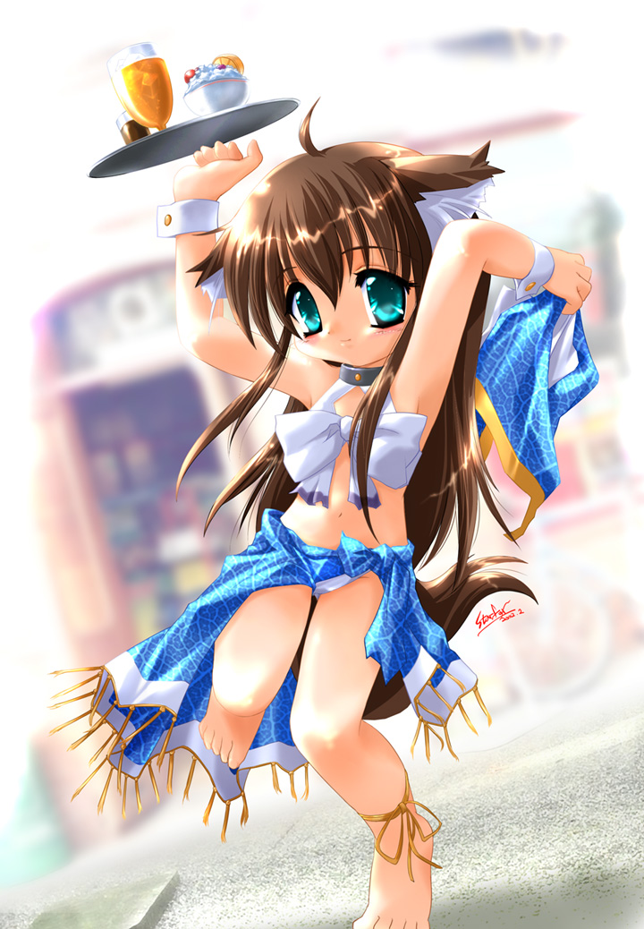 starfox (artist), popury, nymphclub, 1girl, alcohol, animal ears, barefoot, beer, blue eyes, blush, brown hair, child, female focus, long hair, midriff, ribbon, smile, solo, tail, waitress