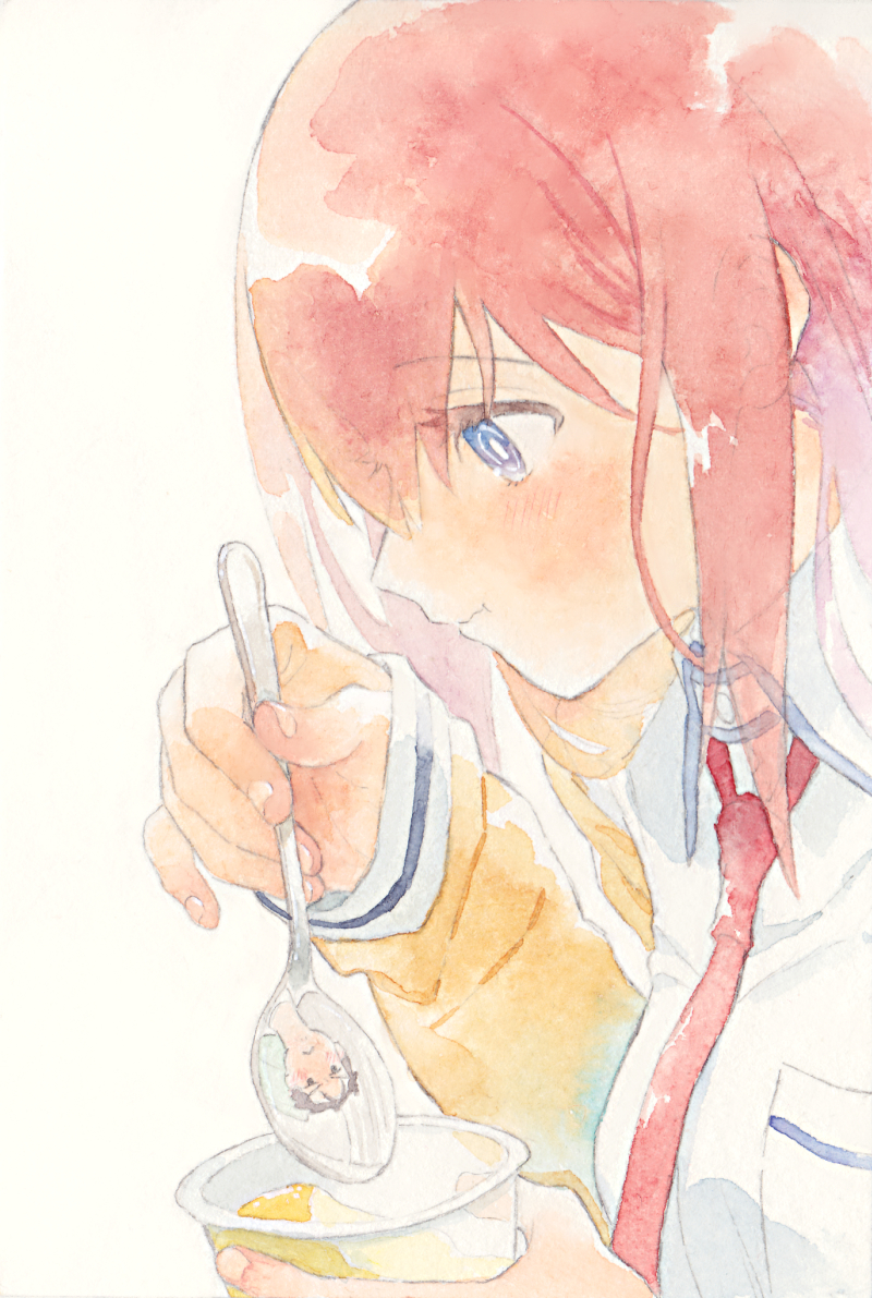 rocni, makise kurisu, okabe rintarou, science adventure, steins;gate, commentary request, 1boy, 1girl, blush, breast pocket, brown jacket, dress shirt, eating, food, from side, holding, holding spoon, jacket, long hair, necktie, pocket, pudding, purple trim, red hair, red necktie, ringed eyes, shirt, simple background, spoon, upper body