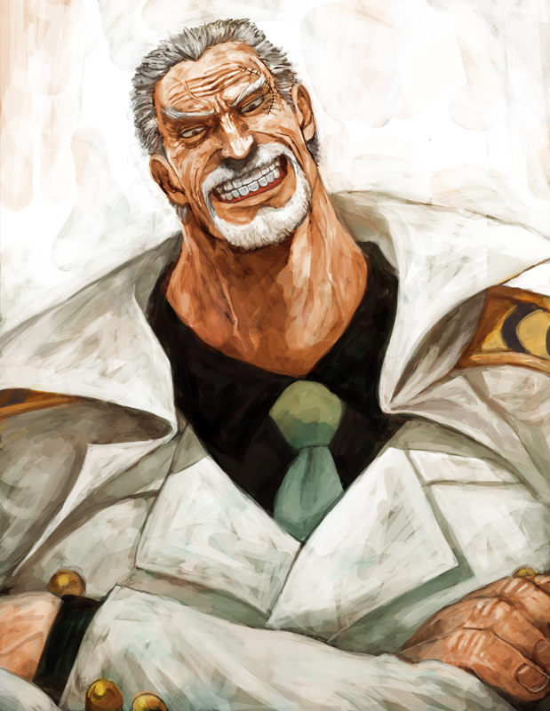 lack, monkey d. garp, one piece, silver hair, uniform, 1boy, beard, black eyes, black shirt, coat, collared shirt, crossed arms, facial hair, facing another, fingernails, green necktie, grin, head tilt, long sleeves, looking at viewer, male focus, manly, necktie, old, old man, scar, shirt, smile, solo, teeth, upper body, white coat, white facial hair, wing collar