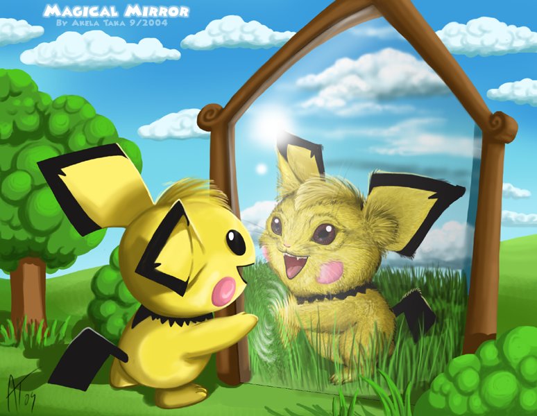 akela taka, pichu, nintendo, pokemon, 1girl, cloud, day, female focus, gen 2 pokemon, mirror, nature, outdoors, pokemon (creature), realistic, reflection, sky, solo, tail, tree