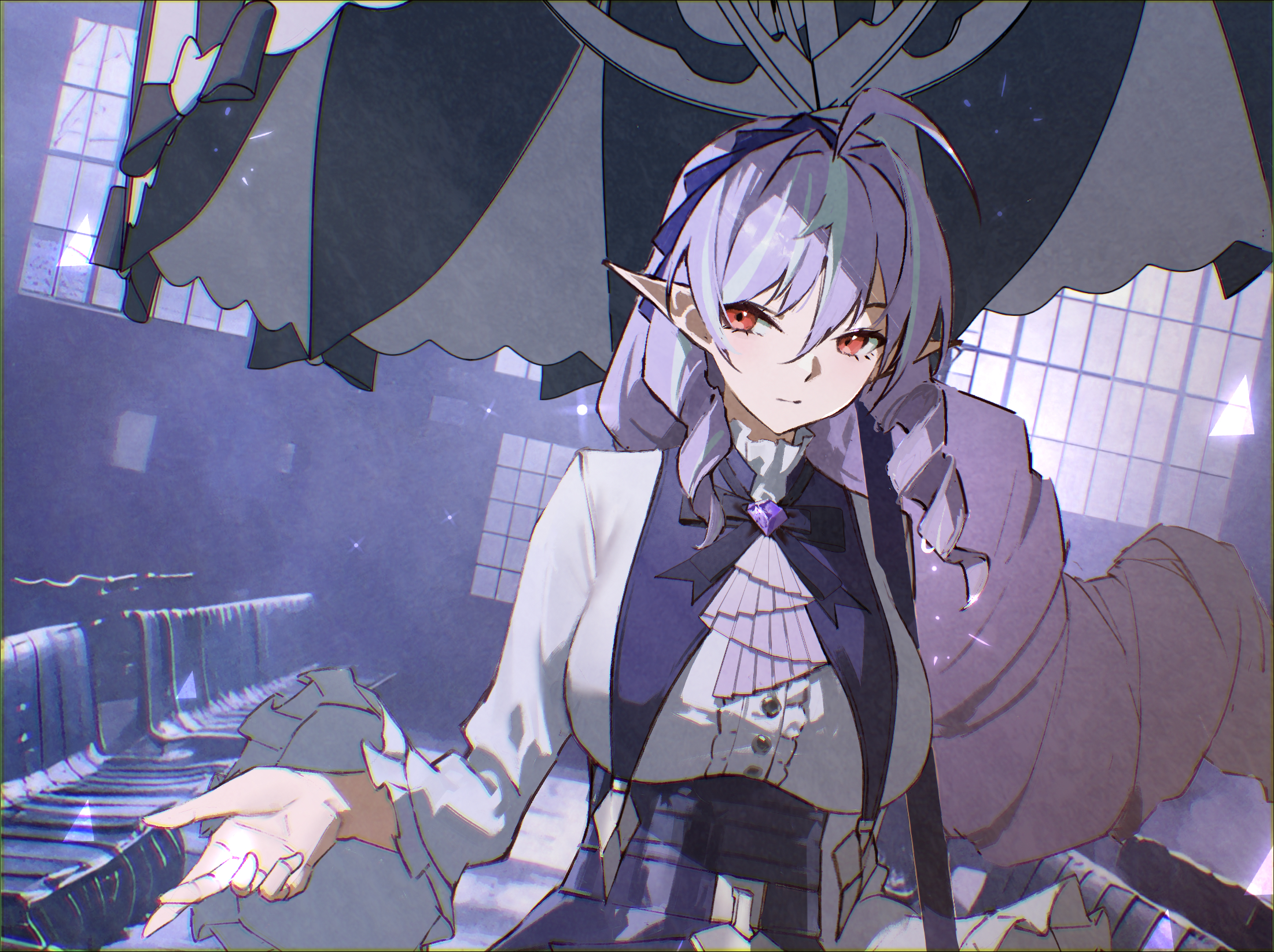 vivian banshee, zenless zone zero, commentary request, highres, 1girl, 619345768, ahoge, alternate breast size (larger), ascot, black umbrella, bow, bowtie, breast curtains, breasts, center frills, closed mouth, collar, drill hair, drill sidelocks, frilled collar, frilled sleeves, frills, gem, hairband, holding, holding umbrella, indoors, large breasts, long hair, looking to the side, pointy ears, purple ascot, purple bow, purple bowtie, purple gemstone, purple hair, purple hairband, red eyes, shrug (clothing), sidelocks, solo, two-tone umbrella, umbrella, upper body, white shrug, white umbrella, wide sleeves, window