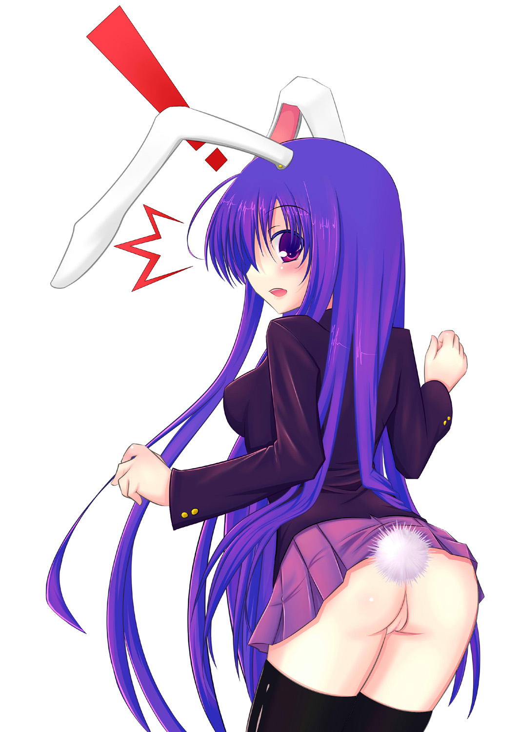 inu3, reisen udongein inaba, touhou, bad id, bad pixiv id, highres, 1girl, animal ears, ass, breasts, female focus, long hair, looking back, no panties, purple eyes, purple hair, pussy, rabbit ears, rabbit girl, rabbit tail, skirt, solo, tail, thighhighs, upskirt, white background
