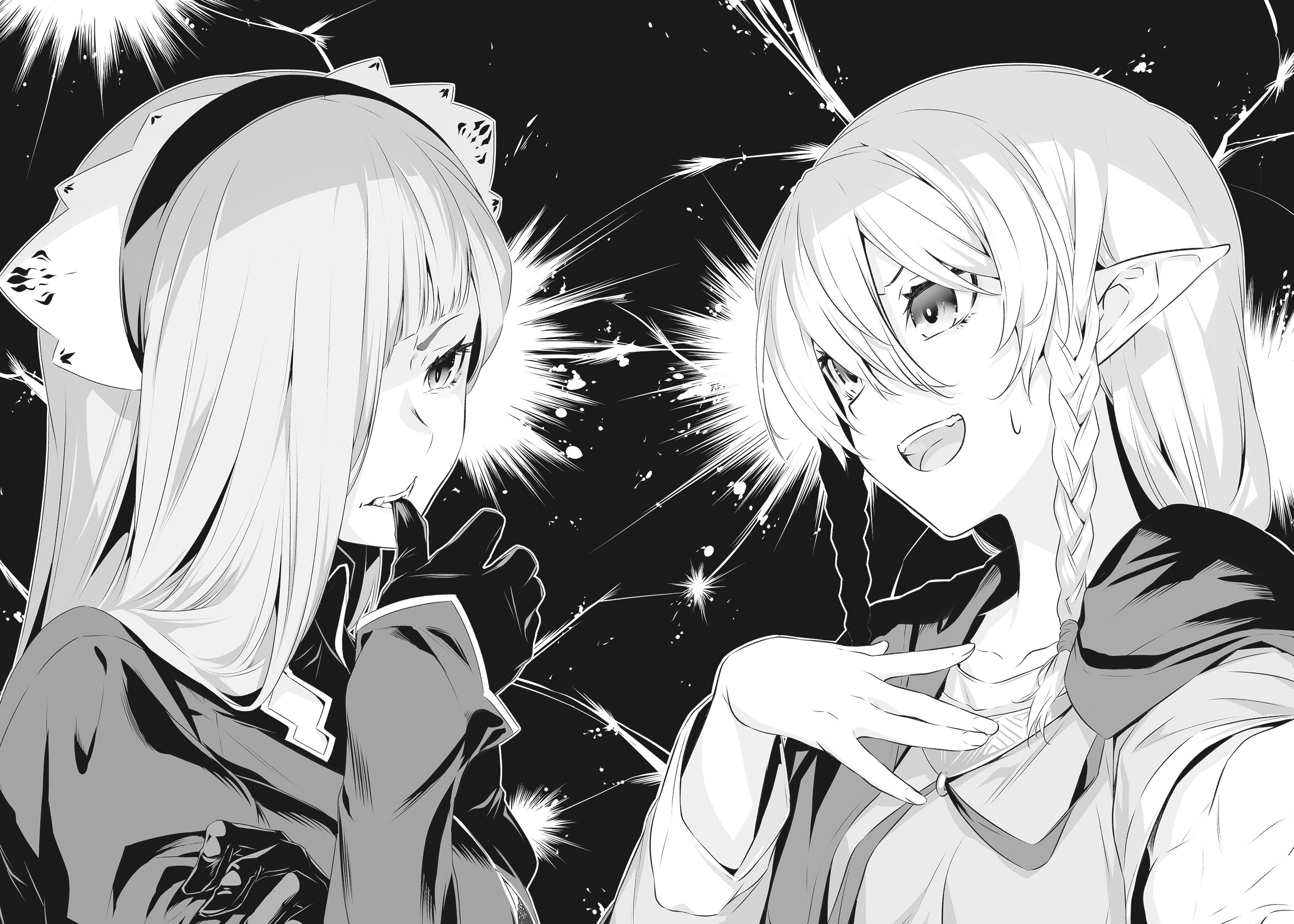 nilitsu, horn (danmachi), dungeon ni deai wo motomeru no wa machigatteiru darou ka, highres, novel illustration, official art, third-party source, 2girls, biting, biting own thumb, black background, braid, braided sidelocks, elf, gloves, greyscale, hair between eyes, hair over one eye, hairband, hand up, holding own arm, laurier swall, long bangs, long hair, long sleeves, looking at another, monochrome, multiple girls, one eye covered, parted lips, pointy ears, smile, sweatdrop, twin braids