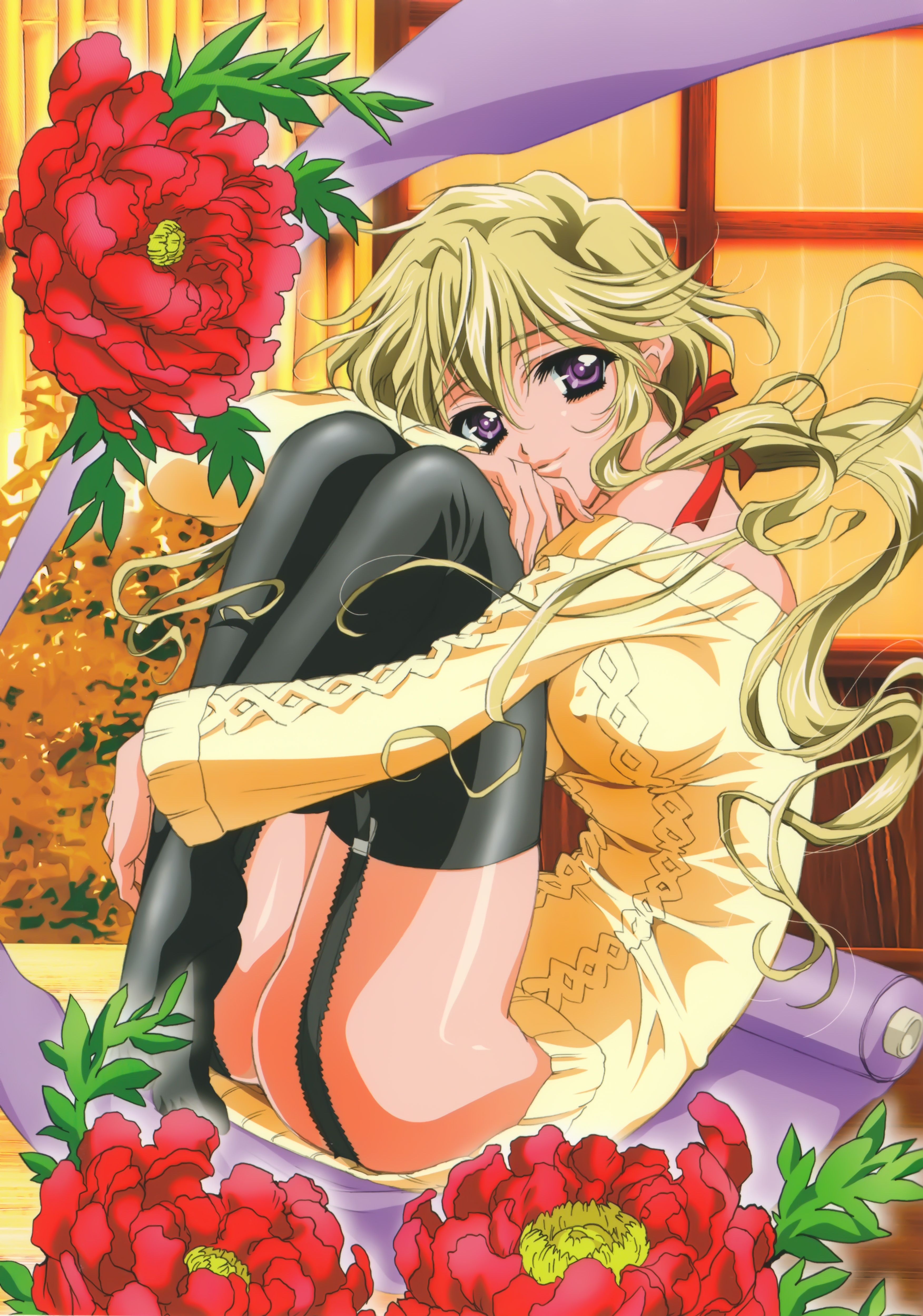 carnelian, nishida asako, kamiazuma yumiko, touka gettan, absurdres, highres, 00s, 1girl, ass, bare shoulders, black thighhighs, blonde hair, dress, female focus, flower, garter straps, long hair, low ponytail, mature female, no panties, ponytail, purple eyes, solo, sweater, sweater dress, thighhighs