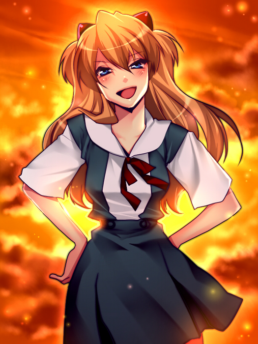 makuro, souryuu asuka langley, neon genesis evangelion, bad id, bad pixiv id, blue eyes, long hair, red hair, school uniform, solo