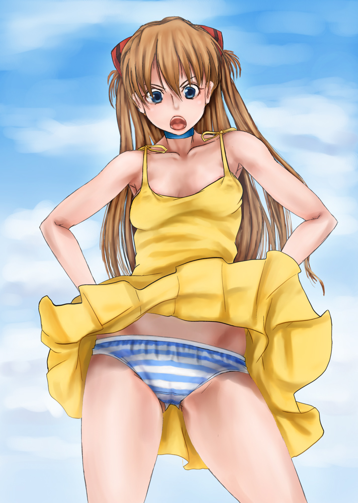 scharfschutze, souryuu asuka langley, neon genesis evangelion, 1girl, blue eyes, cameltoe, choker, dress, female focus, open mouth, orange hair, panties, pantyshot, solo, striped clothes, striped panties, underwear, wind, wind lift, yellow dress