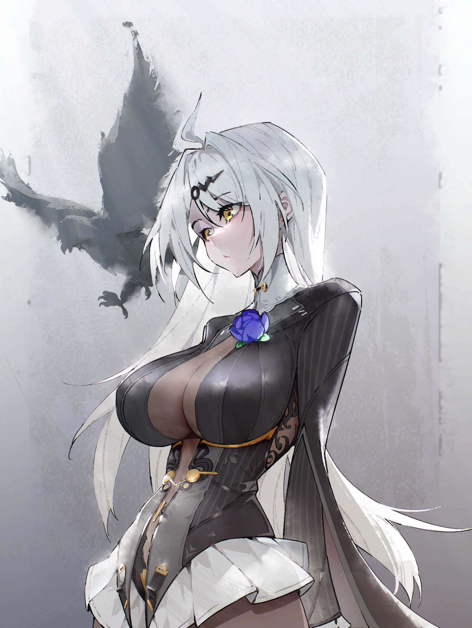yixuan (trails of ink) (zenless zone zero), yixuan (zenless zone zero), zenless zone zero, commentary request, highres, 1girl, 619345768, ahoge, bird, black bird, black dress, blue flower, blue rose, bodystocking, boutonniere, breasts, closed mouth, dress, flower, flower on chest, frilled dress, frills, grey background, hair between eyes, hair ornament, hairpin, large breasts, long hair, looking ahead, official alternate costume, rose, solo, upper body, white hair, yellow eyes