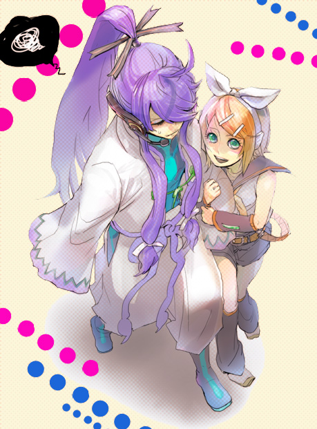 oomori, oomorimori, kagamine rin, kamui gakupo, vocaloid, bad id, bad pixiv id, 1boy, 1girl, ahoge, blonde hair, blue eyes, from above, hair ornament, hair ribbon, hairclip, headphones, long hair, ponytail, purple hair, ribbon, short hair, smile