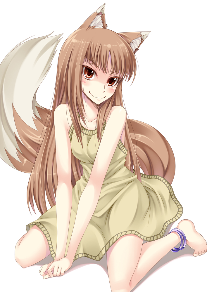 ichijou hitoshi, holo, spice and wolf, 00s, 1girl, animal ears, anklet, barefoot, feet, female focus, jewelry, kneeling, long hair, red eyes, smile, solo, tail, wolf ears, wolf tail