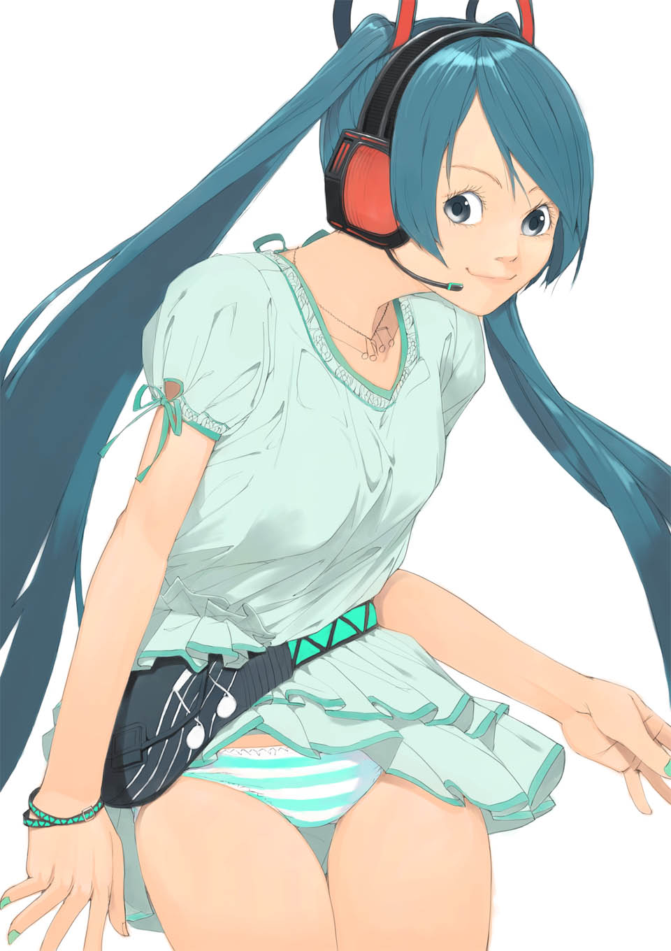 akinbo (hyouka fuyou), hatsune miku, vocaloid, highres, 1girl, aqua eyes, aqua hair, aqua nails, casual, female focus, nail polish, panties, pantyshot, solo, striped clothes, striped panties, thigh gap, twintails, underwear, wind, wind lift