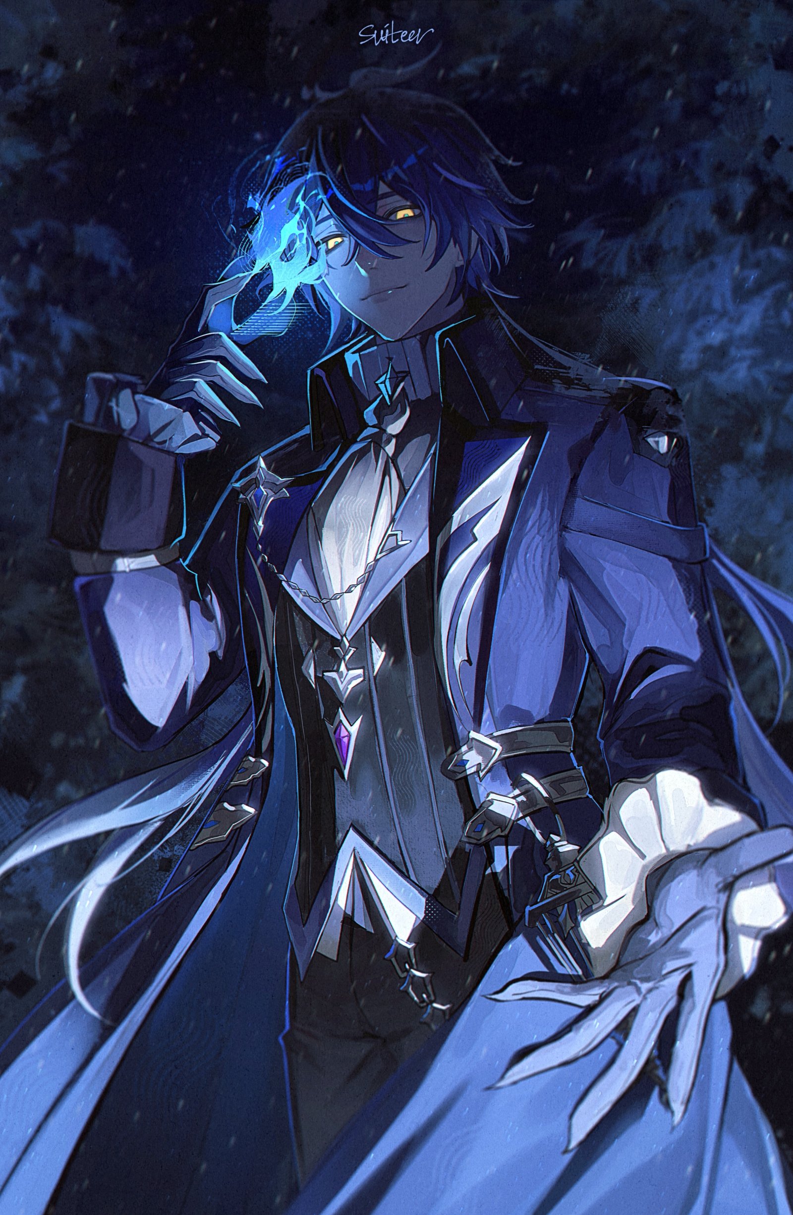 moonya, flins (genshin impact), genshin impact, absurdres, commentary request, highres, 1boy, ascot, black vest, blue coat, blue fire, blue gloves, capelet, coat, collared capelet, double-parted bangs, fire, frilled sleeves, frills, gloves, hair between eyes, lapels, long sleeves, looking at viewer, male focus, outstretched hand, sleeve cuffs, solo, v, vest, white ascot, yellow eyes
