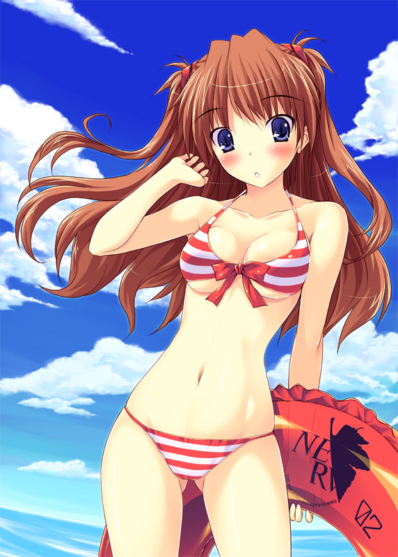 yuki usagi, souryuu asuka langley, neon genesis evangelion, rebuild of evangelion, bad id, bad pixiv id, 00s, 1girl, bare shoulders, bikini, bow, cameltoe, collarbone, contrapposto, day, female focus, innertube, navel, nerv, solo, standing, striped bikini, striped clothes, swim ring, swimsuit, trefoil, water