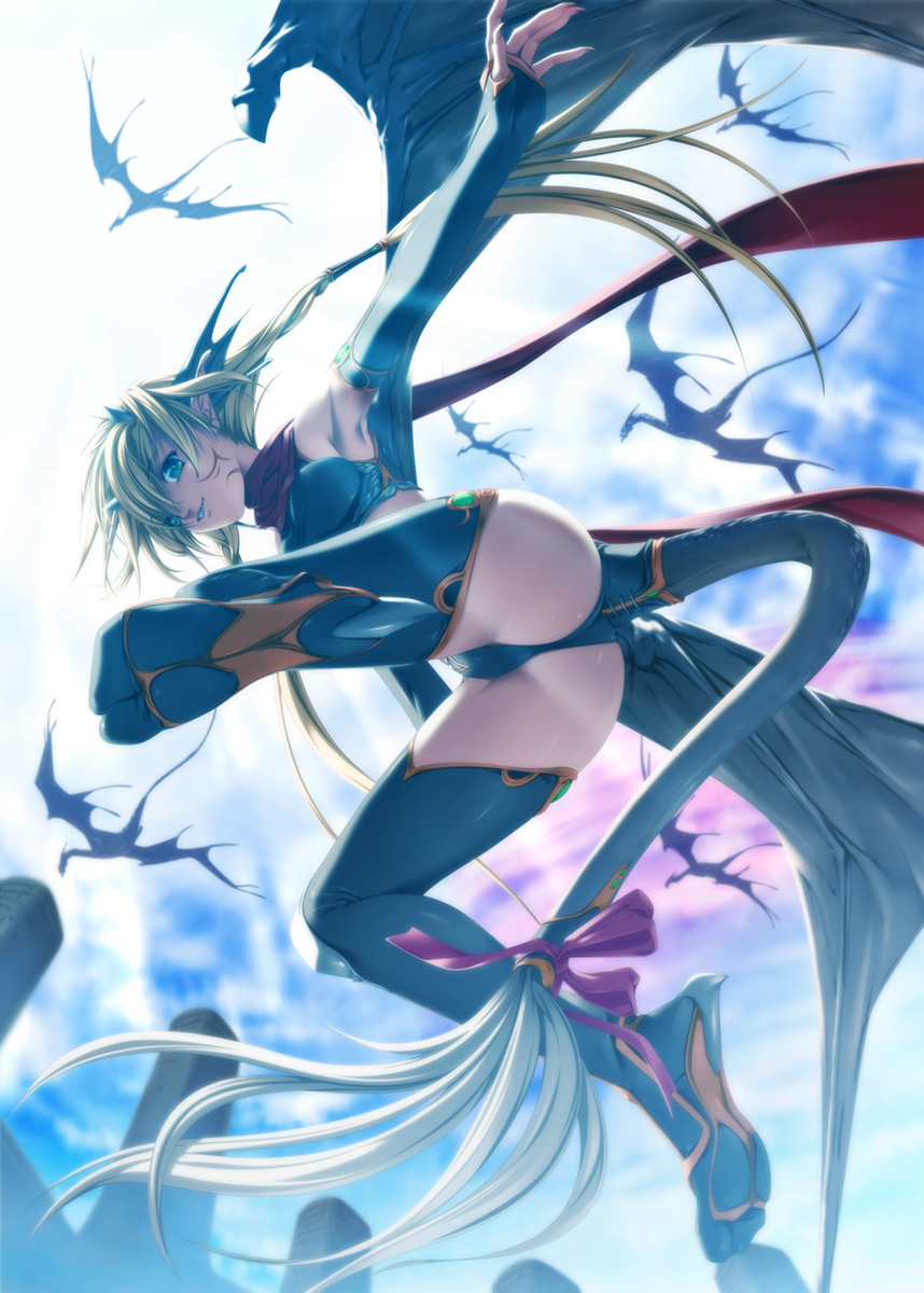 rezi, original, highres, 1girl, armpits, ass, bow, dragon, dragon girl, female focus, from below, horns, legs, monster girl, solo, tail, tattoo, thighhighs, wings