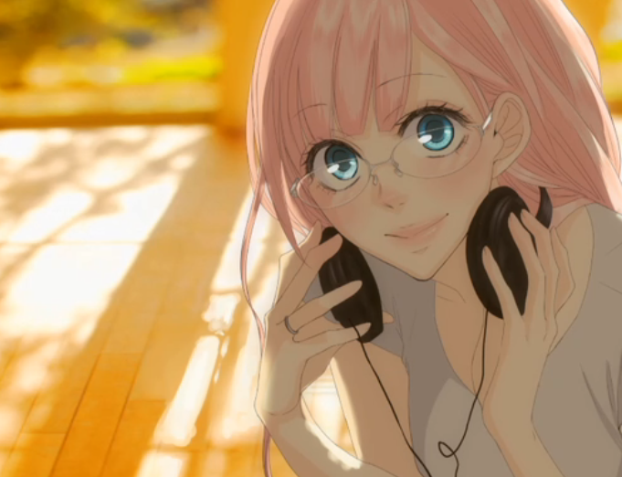 yunomi (yunomi imonuy), megurine luka, just be friends (vocaloid), vocaloid, anime screenshot, 1girl, alternate hairstyle, aqua eyes, bespectacled, cup, female focus, glasses, headphones, headphones around neck, hime cut, jewelry, lips, long hair, pink hair, ring, smile, solo, yunomi