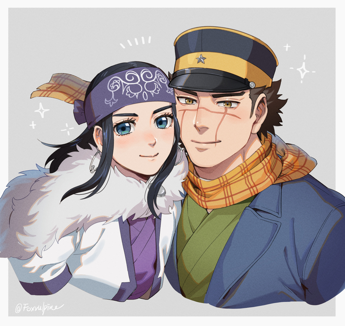 foxvulpine, asirpa, sugimoto saichi, golden kamuy, commentary request, 1boy, 1girl, ainu clothes, black hair, blue eyes, border, eyelashes, grey background, hat, jacket, peaked cap, scar, scar on face, scarf, smile, white border