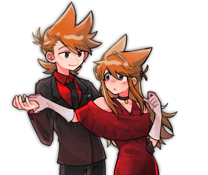 eddsworld, chinese commentary, commentary request, variant set, 1boy, 1girl, alternate costume, animification, black necktie, black suit, blush, brown eyes, brown hair, buwangchuxingaoyixin, choker, couple, dancing, dress, dual persona, formal clothes, genderswap, genderswap (mtf), gloves, hair ears, hetero, long hair, necktie, red dress, red shirt, selfcest, shirt, short hair, simple background, smile, standing, suit, tord (eddsworld), tori (eddsworld), white background, white gloves