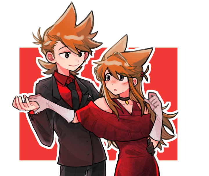 eddsworld, chinese commentary, commentary request, variant set, 1boy, 1girl, alternate costume, animification, black necktie, black suit, blush, border, brown eyes, brown hair, buwangchuxingaoyixin, choker, couple, dancing, dress, dual persona, formal clothes, genderswap, genderswap (mtf), gloves, hair ears, hetero, long hair, necktie, red background, red dress, red shirt, selfcest, shirt, short hair, simple background, smile, standing, suit, tord (eddsworld), tori (eddsworld), white border, white gloves