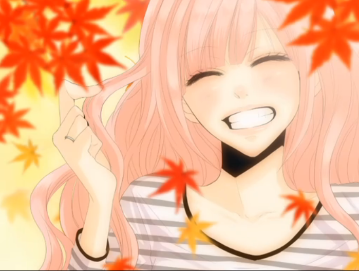 yunomi (yunomi imonuy), megurine luka, just be friends (vocaloid), vocaloid, striped, anime screenshot, 1girl, alternate hairstyle, blush, closed eyes, cup, female focus, happy, hime cut, jewelry, laughing, leaf, long hair, pink hair, ring, smile, solo, yunomi