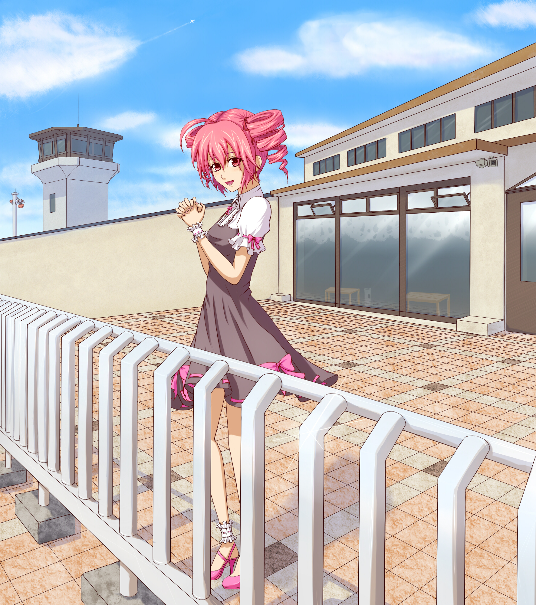astn, asuto3, kasane teto, utau, vocaloid, highres, 1girl, ahoge, airport, cloud, contrail, day, drill hair, female focus, high heels, own hands clasped, own hands together, railing, red eyes, red hair, shoes, sky, smile, solo, twin drills, twintails