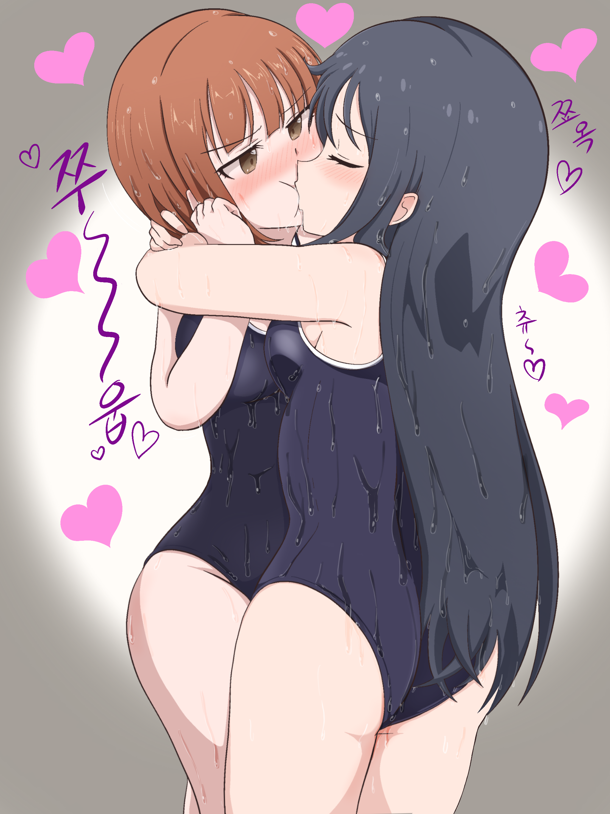 milliani, kurahashi riko, maki natsuo, love lab (manga), absurdres, commentary request, commission, highres, pixiv commission, 2girls, ass, bare arms, black hair, black one-piece swimsuit, blunt bangs, blush, breast press, breasts, brown eyes, closed eyes, competition swimsuit, grey background, heart, hug, kiss, long hair, multiple girls, one-piece swimsuit, orange hair, short hair, sideboob, simple background, small breasts, standing, swimsuit, wet, white background, yuri