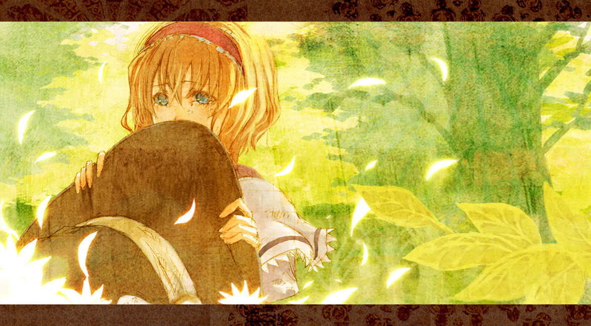 cosmic (crownclowncosmic), alice margatroid, touhou, bad id, bad pixiv id, 1girl, blonde hair, blue eyes, female focus, hairband, hat, outdoors, petals, plant, solo, tears, tree, upper body, witch hat