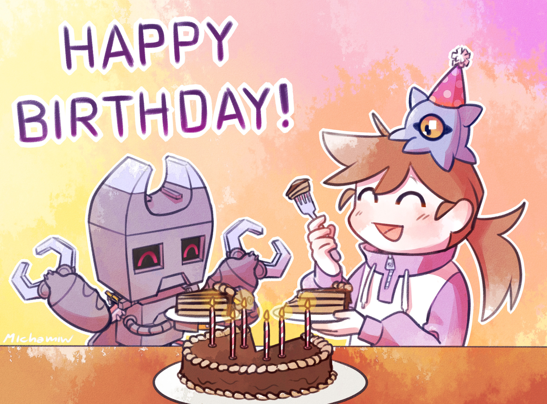 kokuwamon, kuramon, digimon, cake, candle, digimon (creature), food, happy birthday, michamiw, open mouth, smile