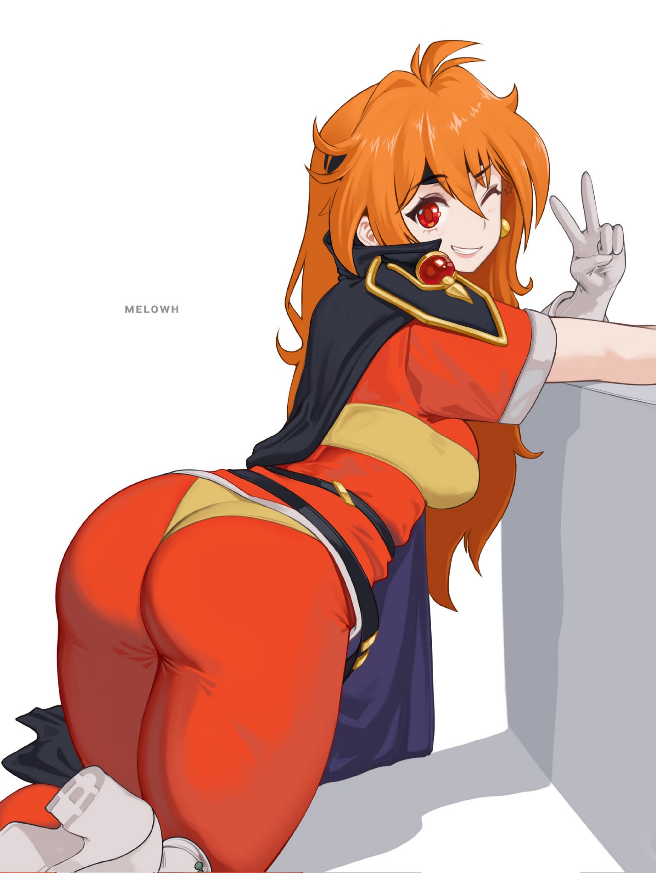 melowh, lina inverse, slayers, 1girl, ahoge, ass, black gloves, blush, boots, breasts, earrings, from behind, gem, gloves, grin, headband, huge ass, jacket, jewelry, kneeling, long hair, looking at viewer, looking back, medium breasts, one eye closed, orange hair, pants, red eyes, red gemstone, red jacket, red pants, short sleeves, smile, teeth, v, white background, white boots, white gloves, wink