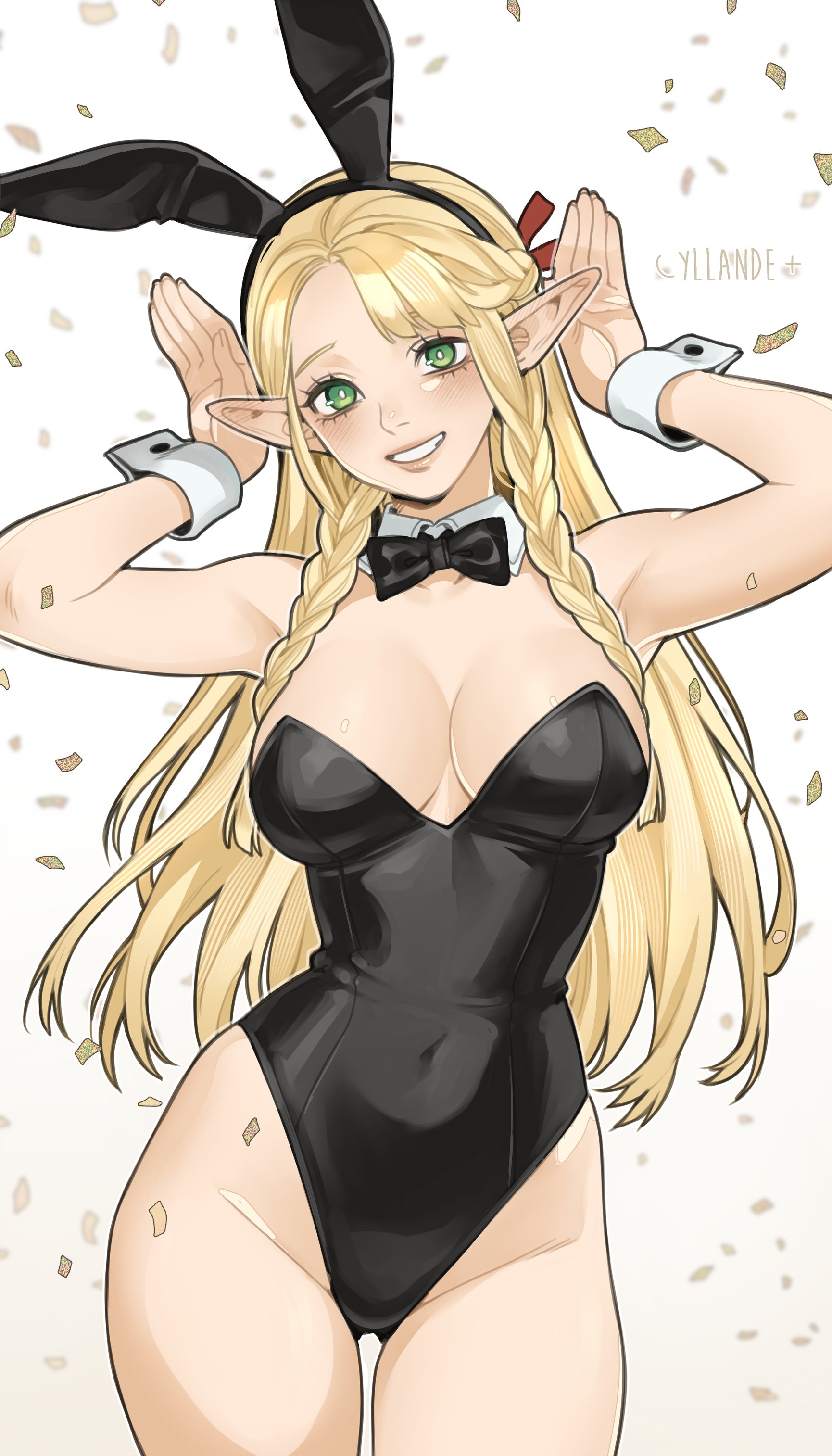 yiiande, marcille donato, dungeon meshi, absurdres, commentary, english commentary, highres, 1girl, animal ears, artist name, bare shoulders, black leotard, blonde hair, breasts, cleavage, collarbone, covered navel, elf, fake animal ears, green eyes, hands up, leotard, long hair, looking at viewer, medium breasts, playboy bunny, pointy ears, rabbit ears, smile, solo, thighs