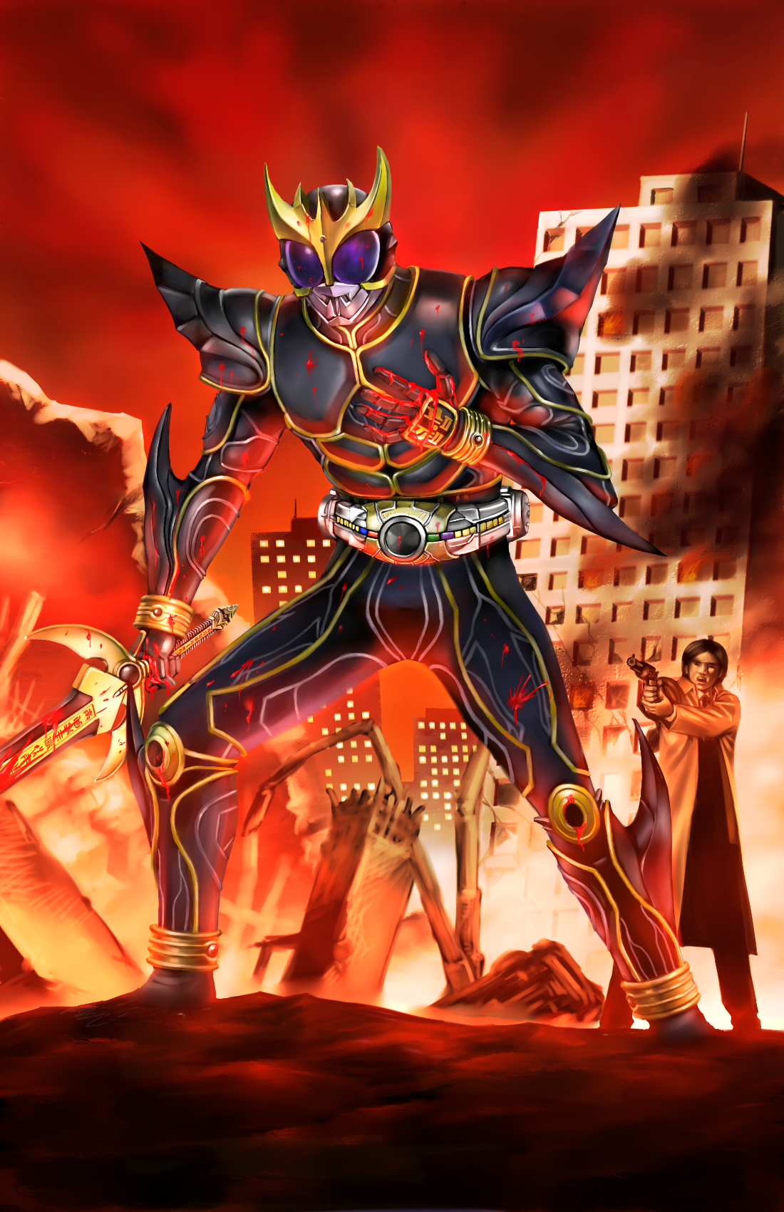 yusao, ichijou kaoru, kamen rider kuuga, kamen rider kuuga (ultimate form), kamen rider, kamen rider kuuga (series), highres, 2boys, bad end, black eyes, blood, horns, multiple boys, sword, weapon