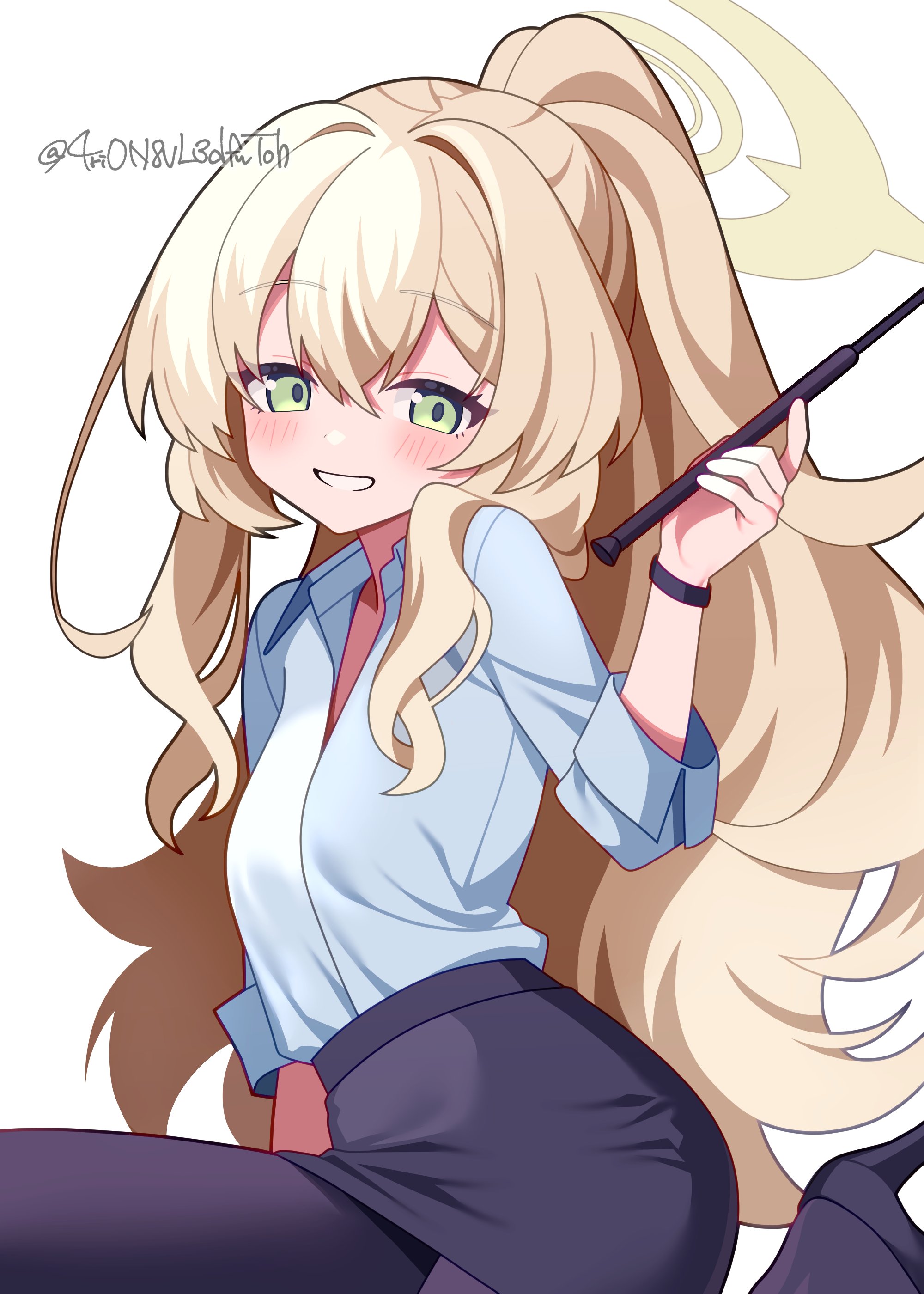 4rion, professor niyaniya (blue archive), professor niyaniya (teacher) (blue archive), blue archive, absurdres, commentary, highres, 1girl, :d, arm at side, black pantyhose, black skirt, blush, breasts, collared shirt, cowboy shot, cowlick, green eyes, grin, hair between eyes, hair intakes, halo, hand up, index finger raised, long hair, long sleeves, official alternate costume, official alternate hairstyle, open mouth, pantyhose, pencil skirt, ponytail, shirt, sidelocks, simple background, sitting, skirt, small breasts, smile, solo, twitter username, very long hair, wavy hair, white background, white shirt, yellow halo