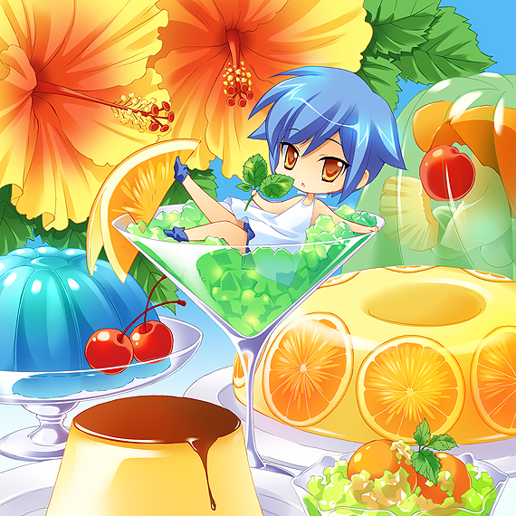 carnelian, bad id, bad pixiv id, blouse, blue hair, cherry, dress, flower, food, fruit, gelatin, halterneck, in food, mini person, minigirl, red eyes, shirt, short hair, solo, white shirt, yellow eyes