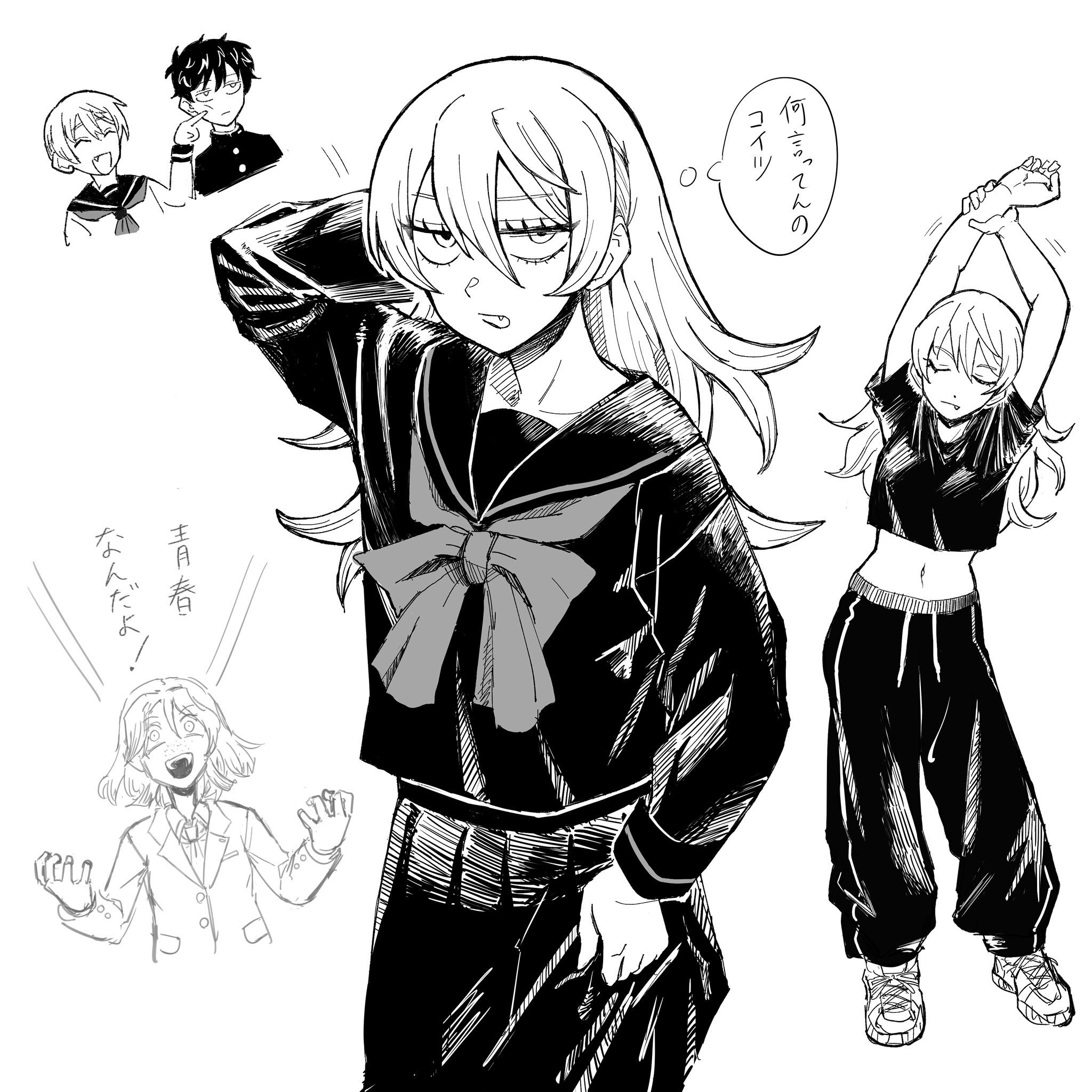 akuseru (greatmaxnacell), mizuo haruichi, tatsumi reiha, tsuru asaka, futsuu no keion-bu, commentary, highres, 1boy, 2girls, :d, :|, ^ ^, annoyed, arms up, baggy pants, blazer, bow, bowtie, cheek poking, closed eyes, closed mouth, collared shirt, cowboy shot, crazy eyes, crop top, cropped shirt, fang, full body, gakuran, greyscale, hand on own head, high contrast, jacket, jitome, long hair, midriff, monochrome, motion lines, multiple girls, multiple views, navel, necktie, open mouth, pants, pleated skirt, poking, sailor collar, sailor shirt, scene reference, school uniform, serafuku, shirt, short hair, skirt, smile, speech bubble, sportswear, stretching, sweatpants, thought bubble, u u