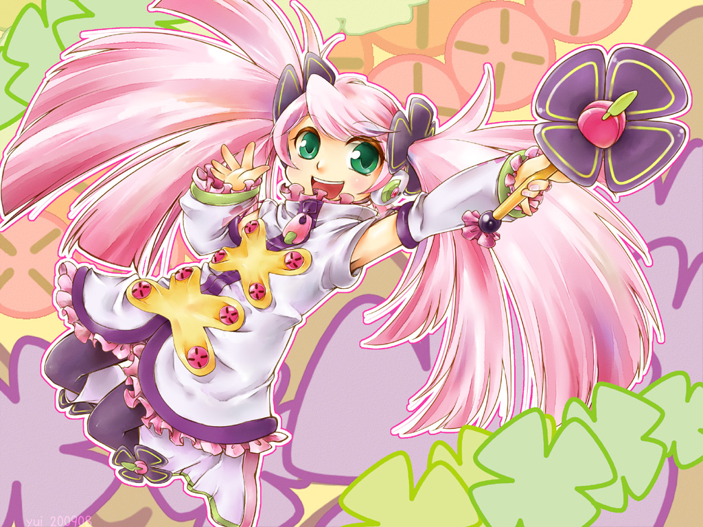 yui (love&power), yui (pixiv232945), haruka nana, utau, bad id, bad pixiv id, 1girl, boots, detached sleeves, female focus, flower, green eyes, long hair, pantyhose, pink hair, smile, solo, twintails