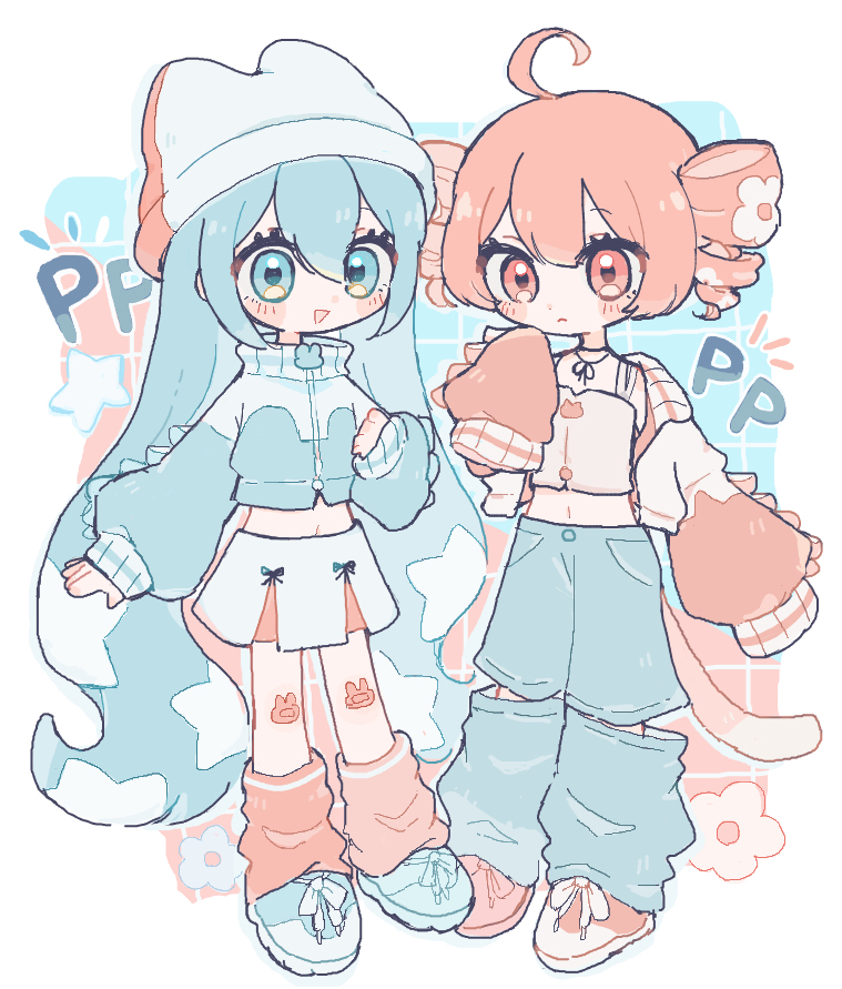 hoshizuki chimama, hatsune miku, kasane teto, utau, vocaloid, 2girls, ahoge, alternate costume, blue eyes, blue hair, blue pants, cropped jacket, drill hair, full body, leg warmers, long hair, long sleeves, looking at viewer, miniskirt, multiple girls, open mouth, pale color, pants, pppp (vocaloid), red eyes, red hair, red leg warmers, skirt, sleeves past fingers, sleeves past wrists, standing, twin drills, twintails, very long hair