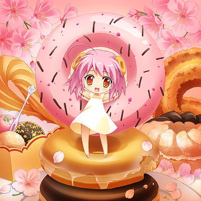 carnelian, mister donut, bad id, bad pixiv id, lowres, 1girl, donut, dress, female focus, flower, food, food-themed hair ornament, hair ornament, in food, mini person, minigirl, old-fashioned donut, pink hair, plate, short hair, solo