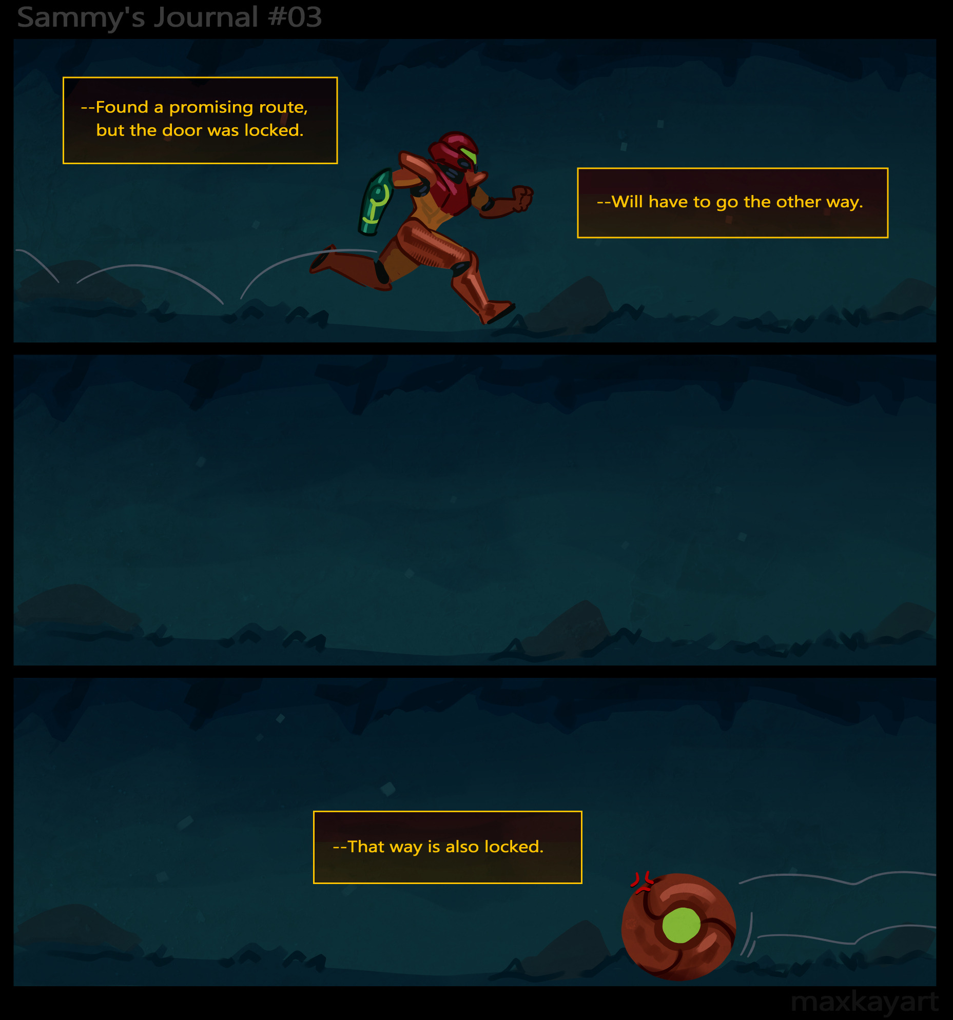 max kay, samus aran, metroid, metroid prime 1, nintendo, commentary, english commentary, highres, 1girl, anger vein, arm cannon, armor, artist name, assault visor, from side, morph ball, normal suit (metroid), power armor, power suit (metroid), red armor, running, speech bubble, two-tone armor, weapon