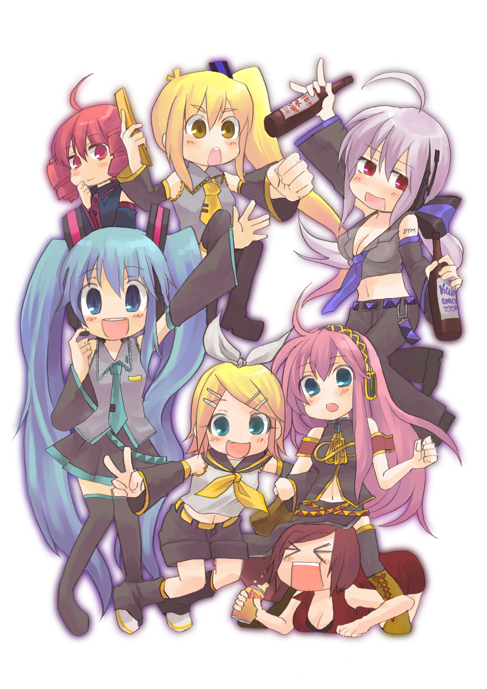 yukko, akita neru, hatsune miku, kagamine rin, kasane teto, kasane teto (utau), megurine luka, meiko (vocaloid), yowane haku, utau, vocaloid, silver hair, highres, > <, 6+girls, ahoge, aqua eyes, aqua hair, asymmetrical hair, blonde hair, blue eyes, blush, bottle, breasts, brown hair, can, cellphone, cleavage, closed eyes, crossover, detached sleeves, drill hair, fang, hair ornament, hair ribbon, hairclip, headphones, headset, kneeling, long hair, m/, medium breasts, midriff, multiple girls, necktie, phone, pink hair, ponytail, red eyes, red hair, ribbon, short hair, shorts, side ponytail, skirt, smile, thighhighs, twin drills, twintails, v, very long hair