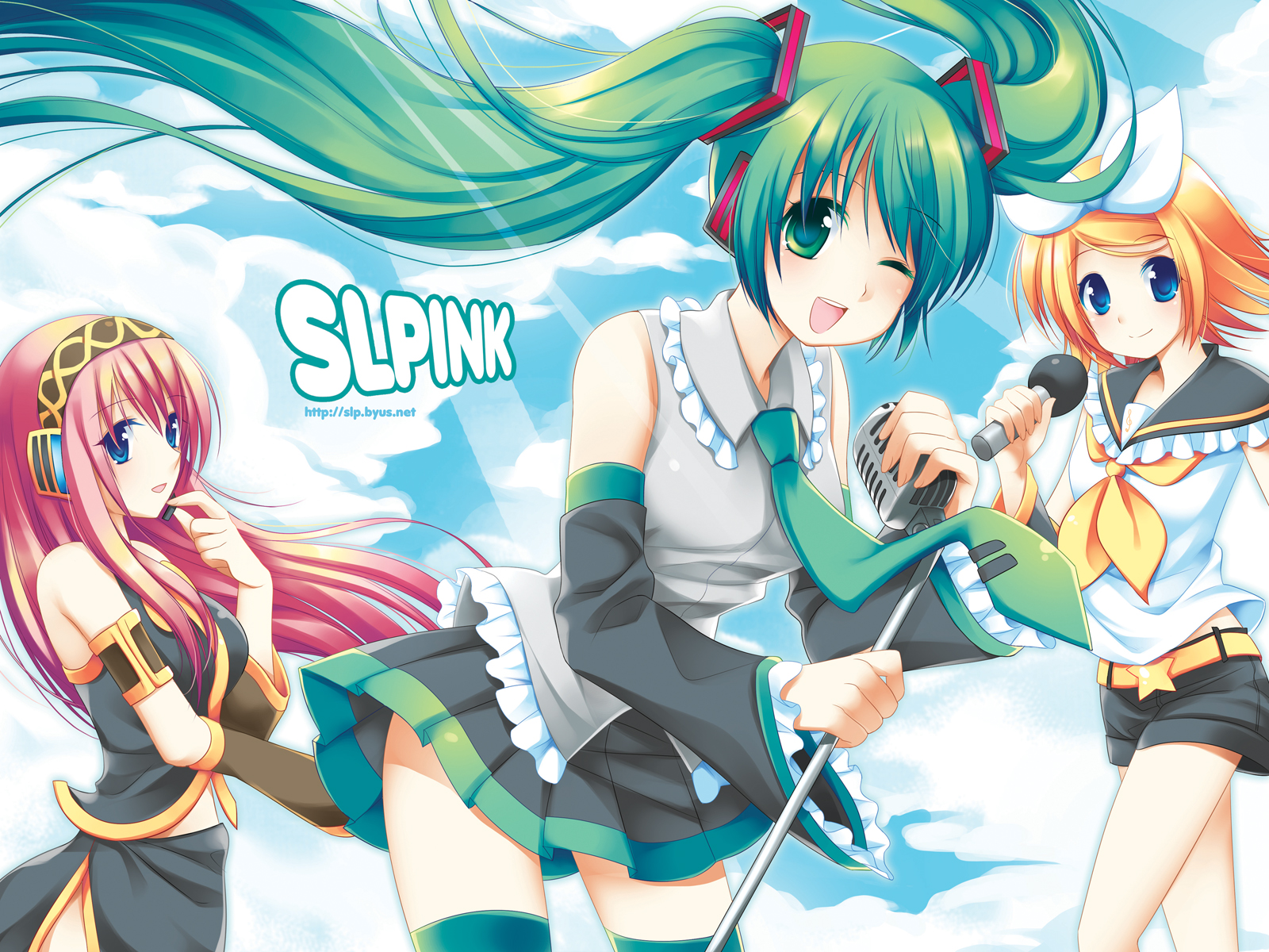slp, hatsune miku, kagamine rin, megurine luka, vocaloid, bad id, bad pixiv id, highres, 3girls, aqua eyes, aqua hair, blonde hair, blue eyes, day, detached sleeves, green eyes, green hair, hair ribbon, headphones, headset, long hair, microphone, midriff, multiple girls, navel, necktie, one eye closed, pink hair, ribbon, short hair, shorts, skirt, sky, smile, thighhighs, twintails, wink, zettai ryouiki