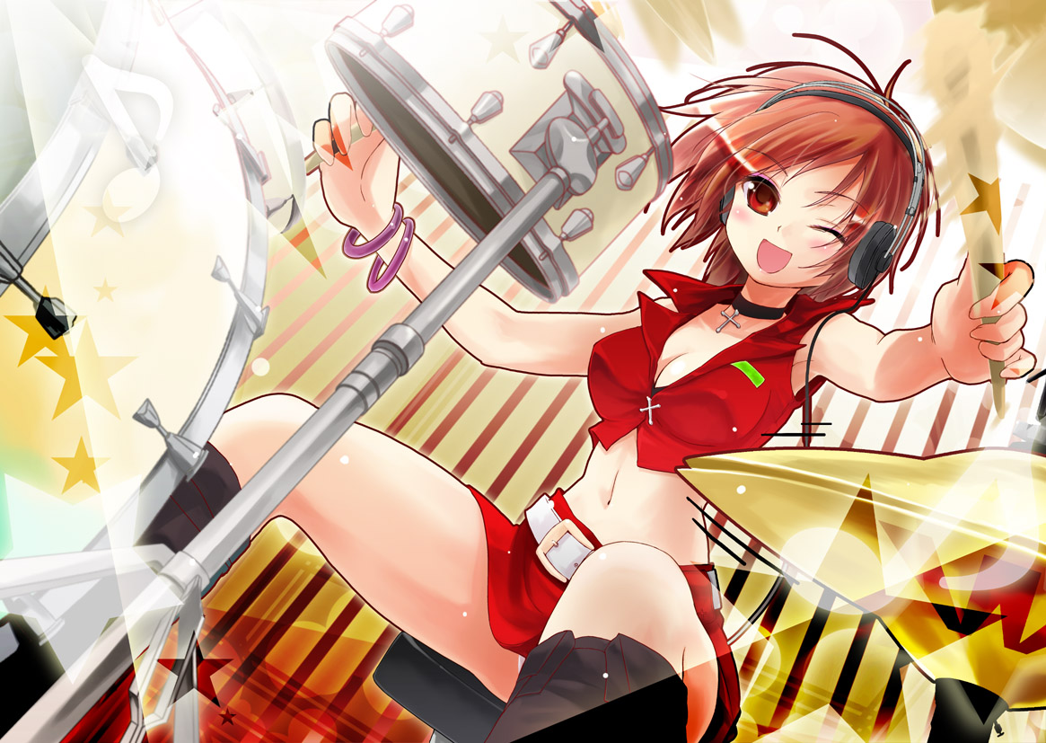 porurin (do-desho), meiko (vocaloid), vocaloid, 1girl, ahoge, belt, blush, bracelet, breasts, brown eyes, brown hair, cleavage, crop top, cross, drum, dutch angle, ear protection, female focus, instrument, jewelry, midriff, miniskirt, motion blur, navel, one eye closed, panties, pantyshot, pendant, shiny skin, short hair, sitting, skirt, smile, solo, underwear, upskirt, wink