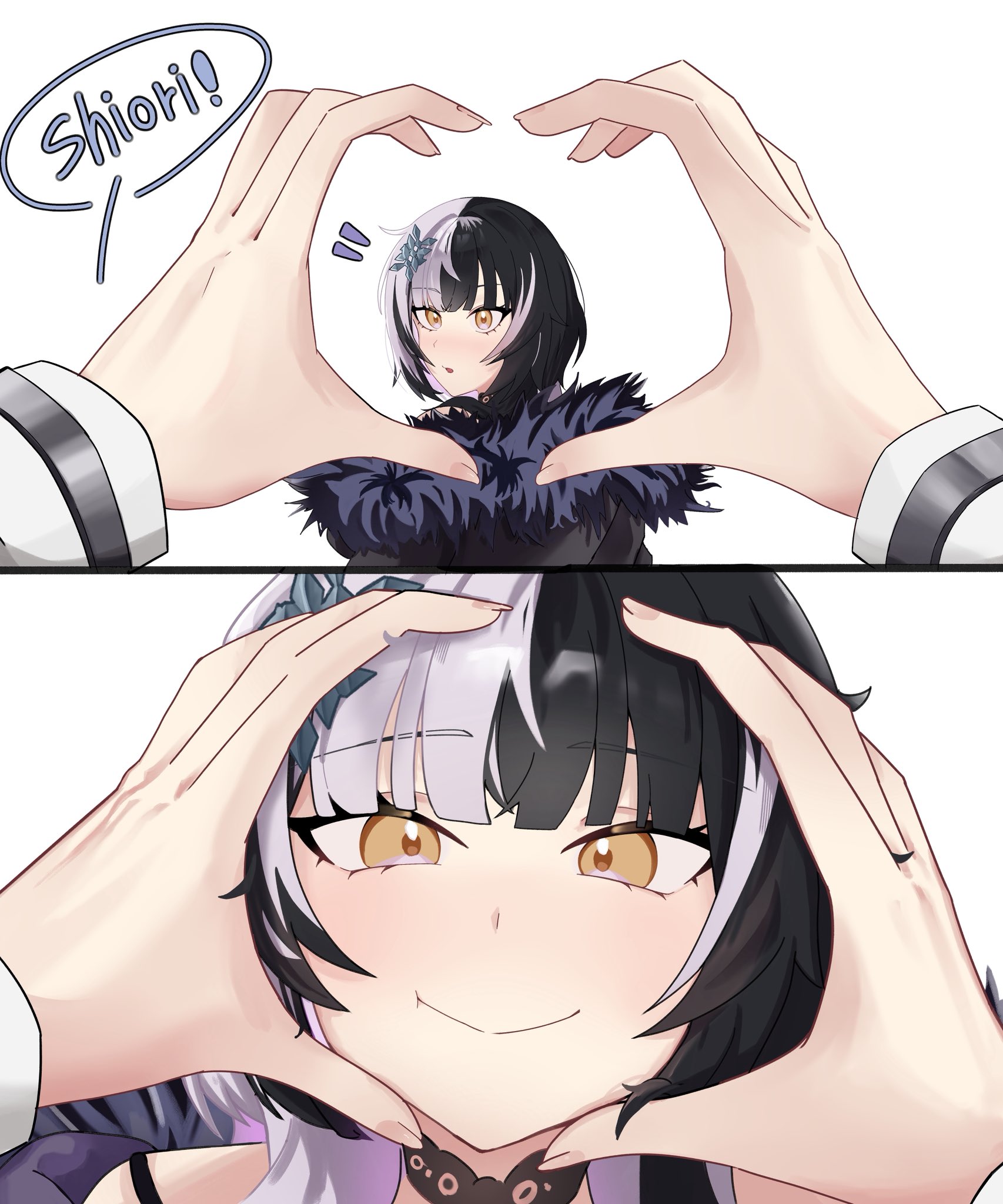 soraha 123, shiori novella, shiori novella (1st costume), vestia zeta, hololive, hololive english, hololive indonesia, commentary, highres, symbol-only commentary, 2girls, black coat, black hair, closed mouth, coat, female pov, fur-trimmed coat, fur trim, grey hair, looking at viewer, meme, multicolored hair, multiple girls, notice lines, pov, pov hands, short hair, simple background, smile, snoot challenge, speech bubble, split-color hair, two-tone hair, virtual youtuber, white background, yellow eyes