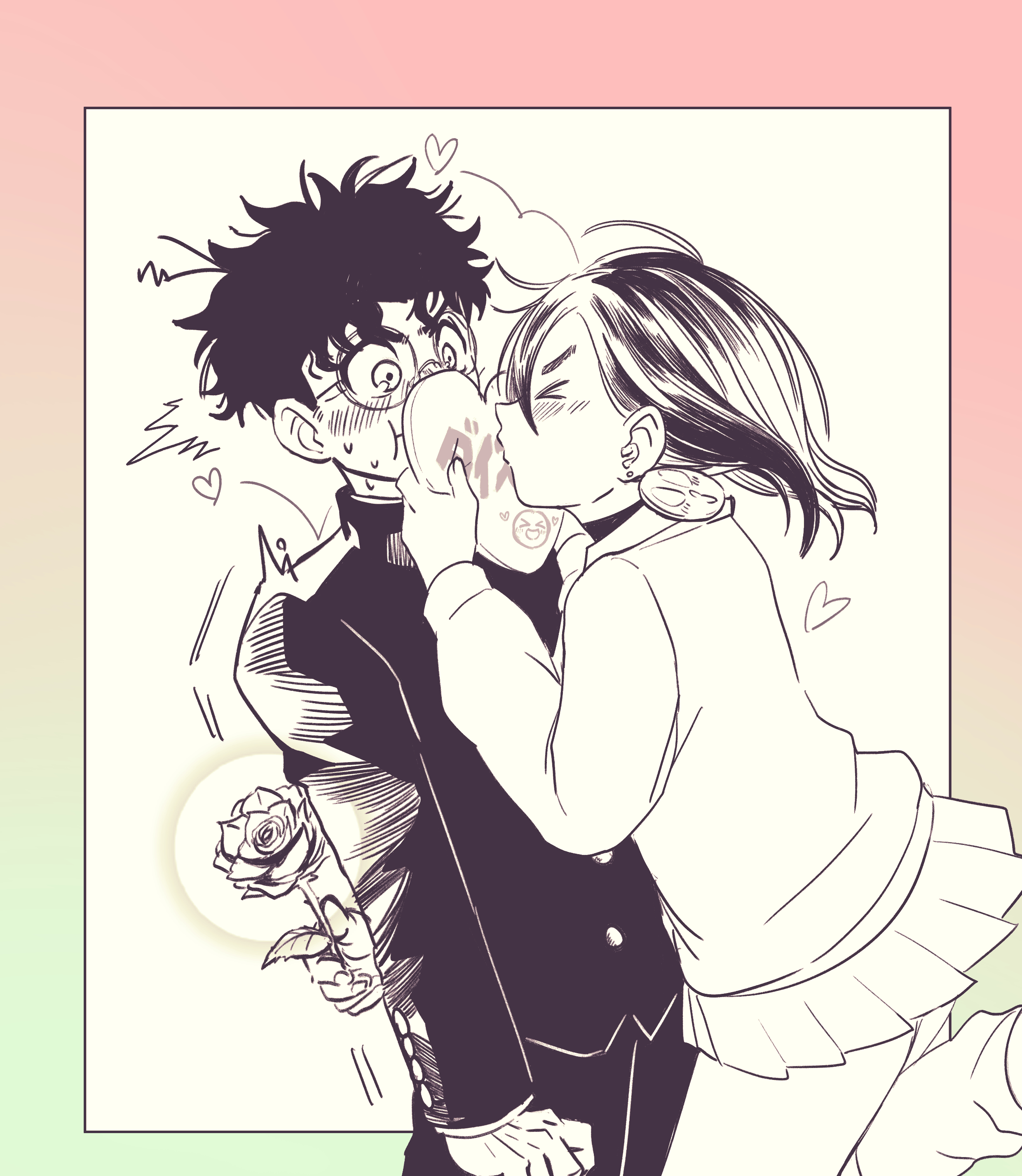 yuuri (fukuroudou), ayase momo, takakura ken (dandadan), dandadan, absurdres, commentary request, highres, > <, 1boy, 1girl, black choker, blush, choker, closed eyes, couple, cowboy shot, earrings, facing another, flower, from side, gakuran, glasses, gyaru, heart, hetero, holding, holding flower, holding heart, jewelry, kami high school uniform, kiss, leg up, long sleeves, looking at another, loose socks, miniskirt, monochrome, outside border, pleated skirt, profile, rose, round eyewear, school uniform, short hair, skirt, socks, sweat, sweater