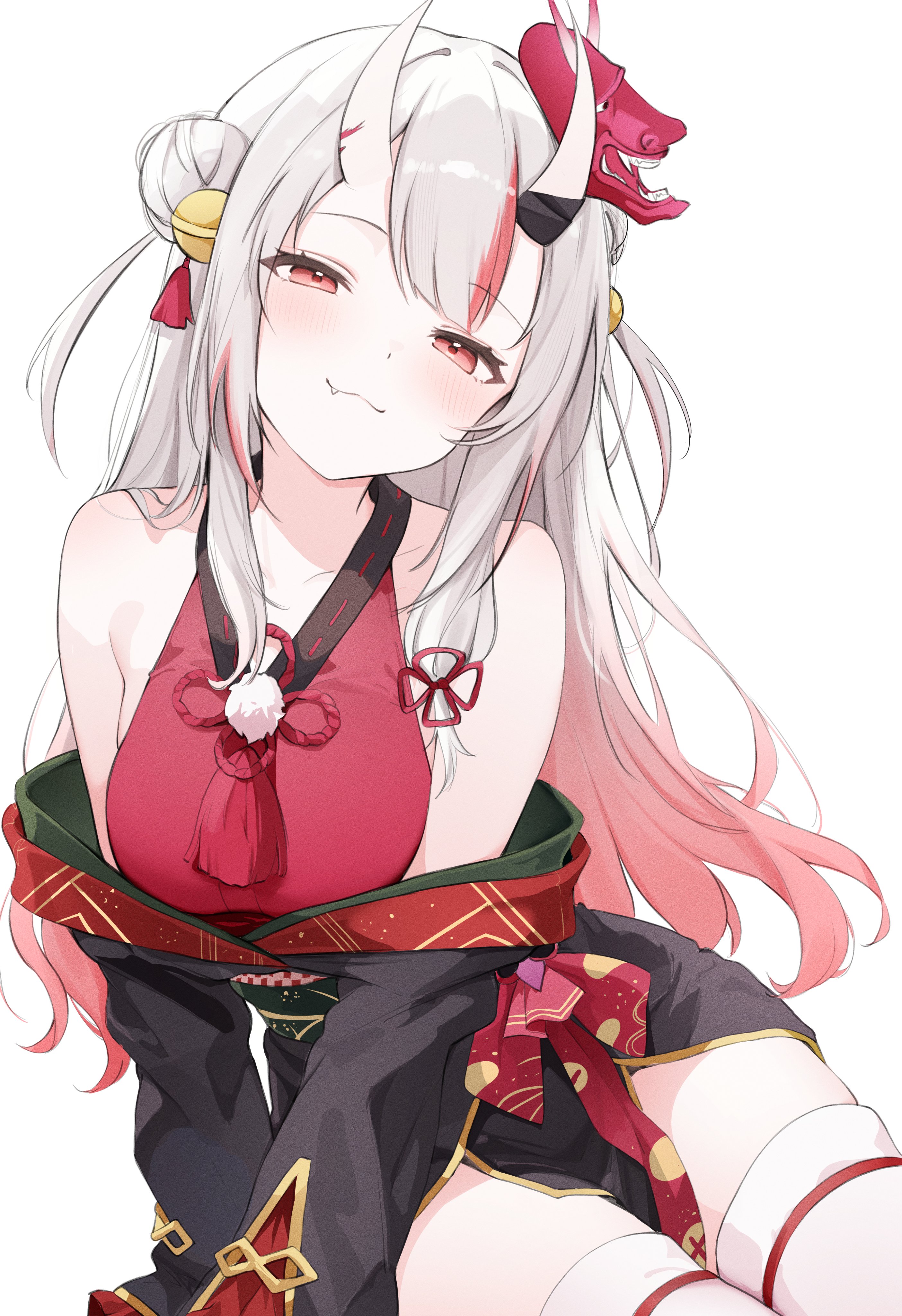 nyashira, nakiri ayame, nakiri ayame (1st costume), hololive, absurdres, hashtag-only commentary, highres, 1girl, :3, armpit crease, bare shoulders, bell, black kimono, breasts, closed mouth, fang, gradient hair, hair bell, hair bun, hair ornament, head tilt, horns, japanese clothes, kimono, kimono partially removed, long hair, long sleeves, looking at viewer, mask, mask on head, medium breasts, multicolored hair, off shoulder, oni mask, red eyes, red hair, red kimono, red streaks, simple background, single side bun, sitting, sleeveless, sleeveless kimono, smile, solo, streaked hair, tassel, thighhighs, two side up, virtual youtuber, white background, white hair, white thighhighs