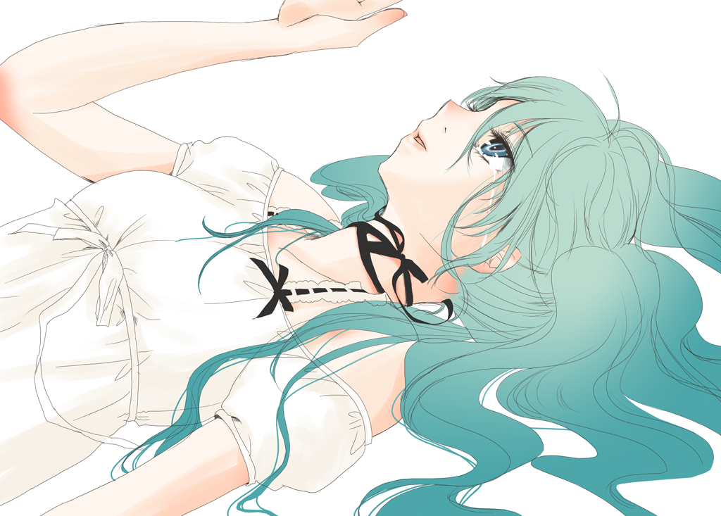 ne (pixiv737209), hatsune miku, vocaloid, bad id, bad pixiv id, 1girl, aqua eyes, aqua hair, dress, female focus, long hair, lying, on back, simple background, solo, tears, twintails, white background, white dress