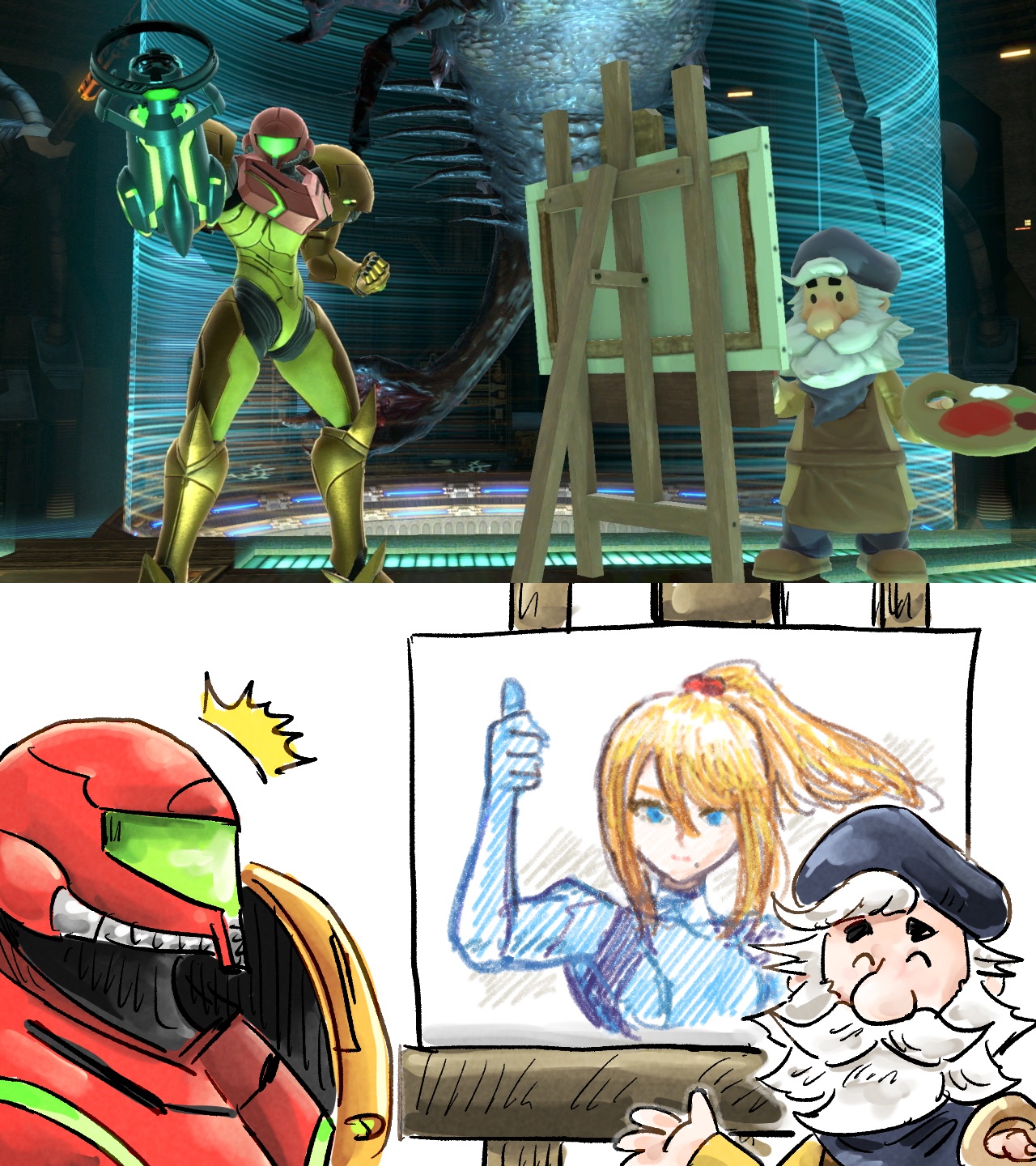 kicdon, parasite queen, samus aran, metroid, nintendo, super smash bros., highres, 1boy, 1girl, arm cannon, armor, beard, beret, blonde hair, blue eyes, canvas (object), closed eyes, facial hair, game screenshot inset, hat, high ponytail, holding, holding paint palette, paint palette, painting (object), ponytail, power armor, power suit (metroid), surprised, thumbs up, vince (art academy), weapon, zero suit